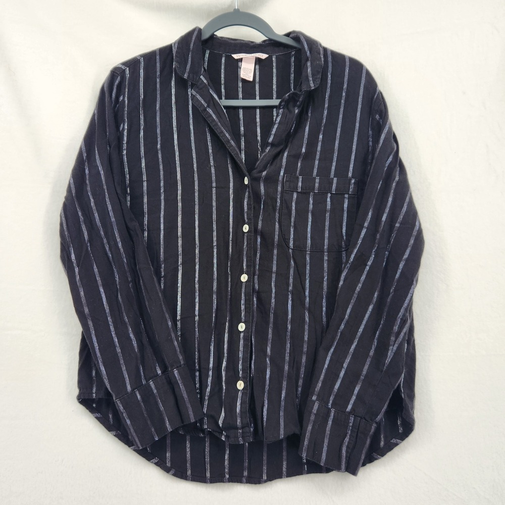 Victorias Secret Pajama Top Black Silver Metallic Stripe Button Down Shirt M